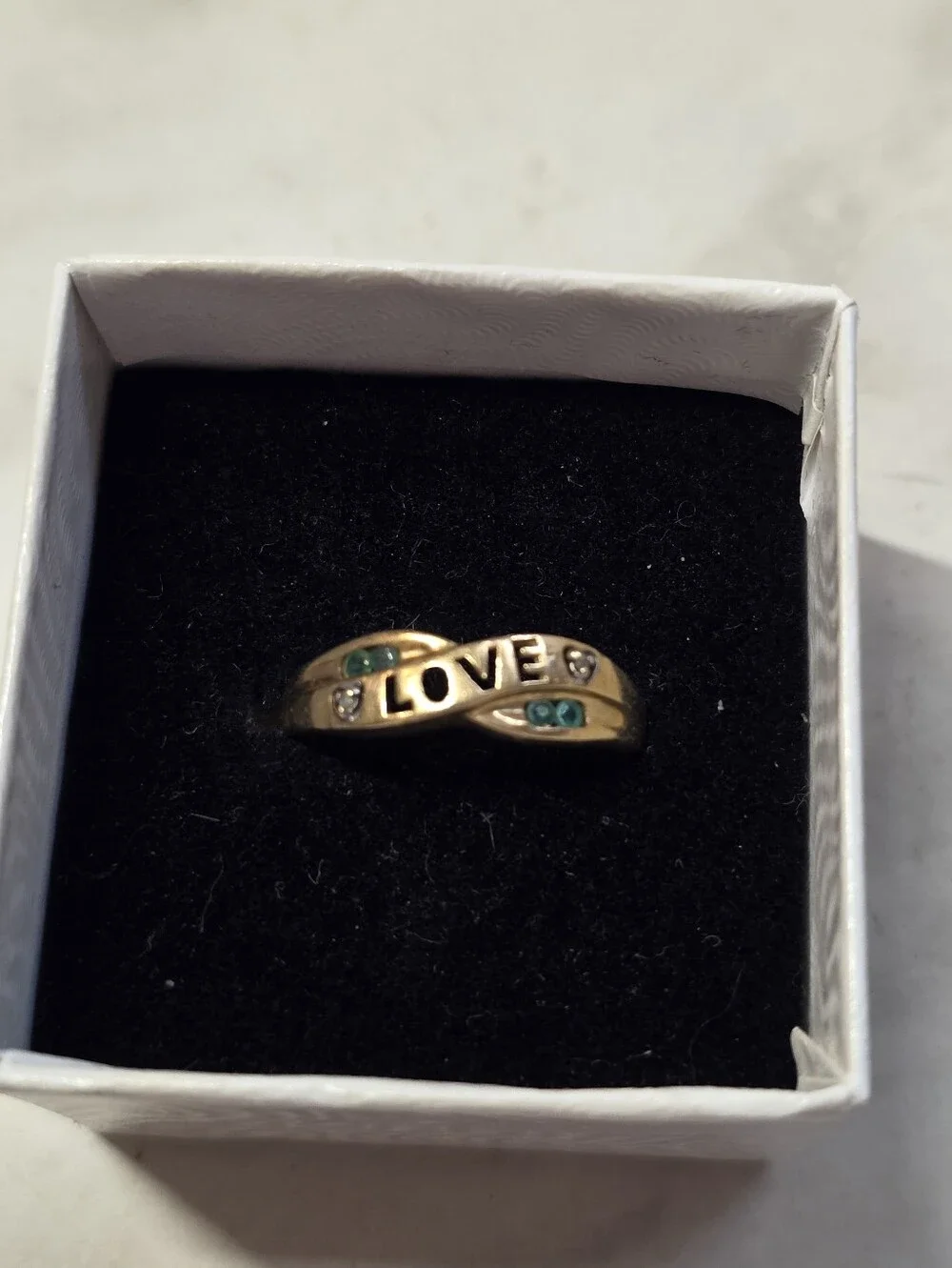 10k Gold-Tone LOVE Accent Ring with Green and Clear Stones